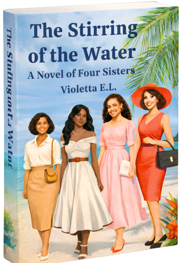 The-Stirring-of-the-water-a-novel-of-four-sisters-violetta-el-book-cover The Stirring of the Water A Novel of Four Sisters Violetta E.L. Four women standing on a beach, with a tropical background.