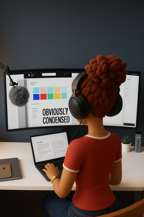 A person with headphones using a laptop at a desk with two monitors displaying graphics. We create bespoke designs, websites, art and more