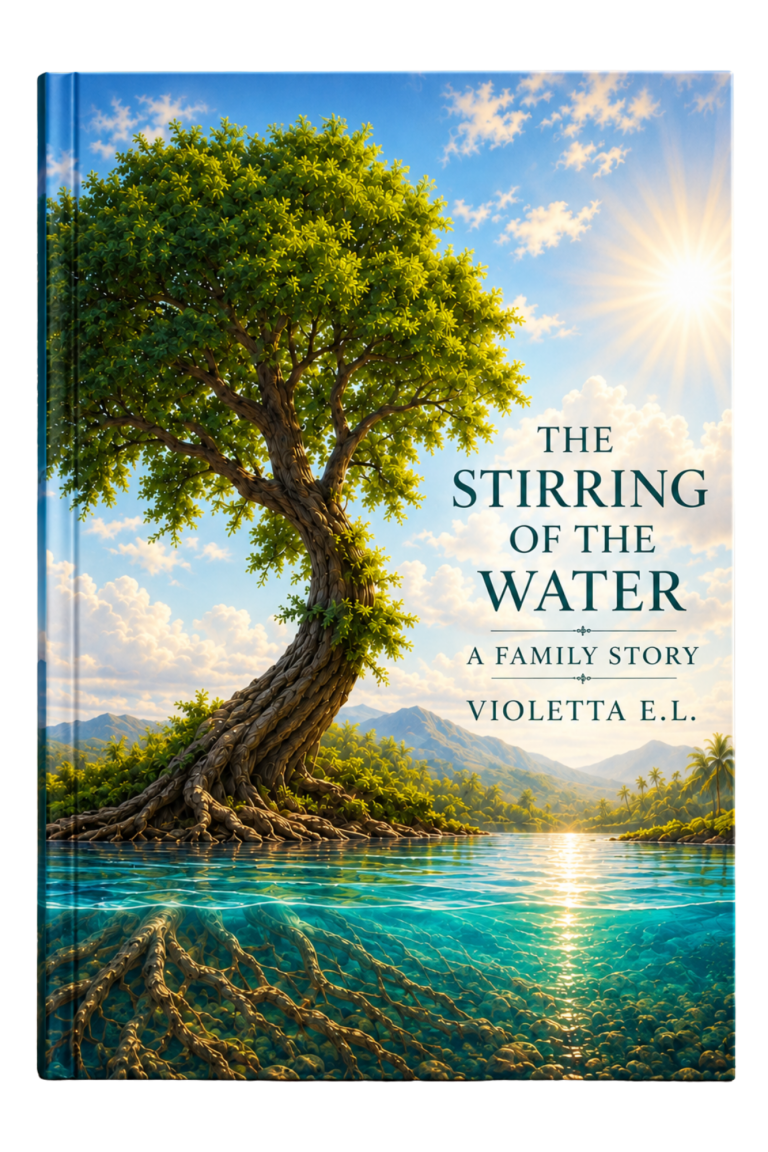 the-stirring-of-the-water-a-family-story Family group on a beach, dressed in stylish summer attire, smiling. Book cover The Stirring of the Water A Famiy Story by Violetta E.L.