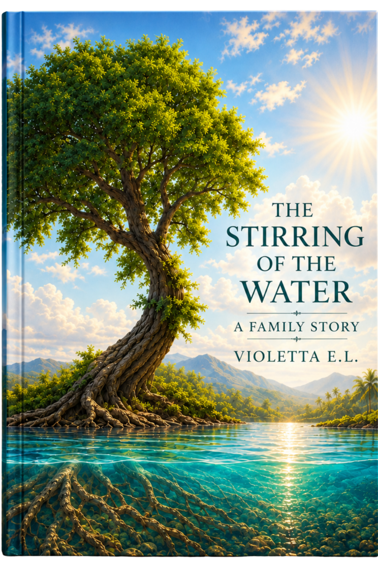 The Stirring of the Water A Novel of Four Sisters Violetta E.L. Four women standing on a beach, with a tropical background.