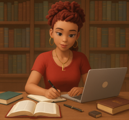 publishing-services-workspace-proofing Young woman with curly hair writing notes at a desk with a laptop and books in a library.