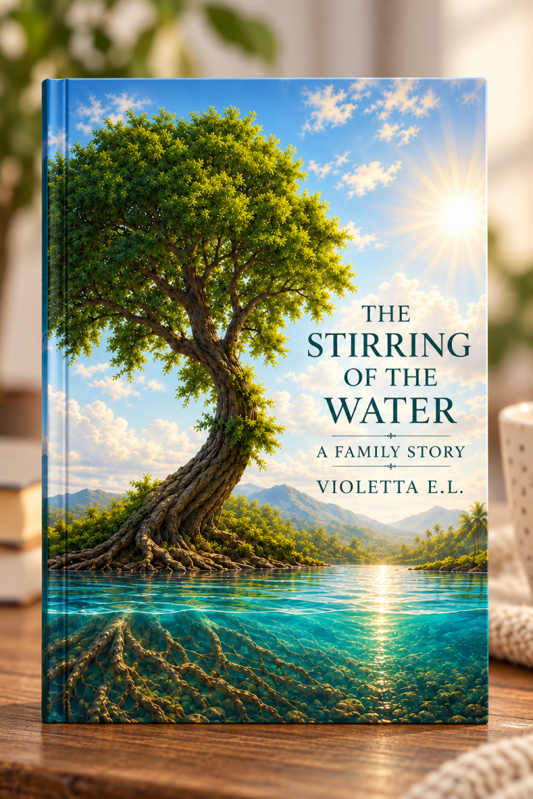 A family portrait on a beach, featuring multiple generations smiling together. Book cover The Stirring of the Water a Family Story