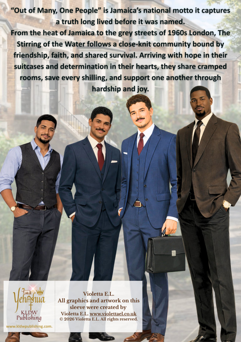 The back cover of The Stirring of the water a novel by Violetta E.L. Four men in suits stand confidently, with a sense of camaraderie.