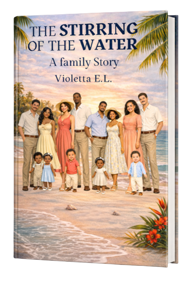 The-Stirring-of-the-water-a-family-story-by-violetta-e-l A family portrait on a beach, featuring multiple generations smiling together. Book cover The Stirring of the Water a Family Story
