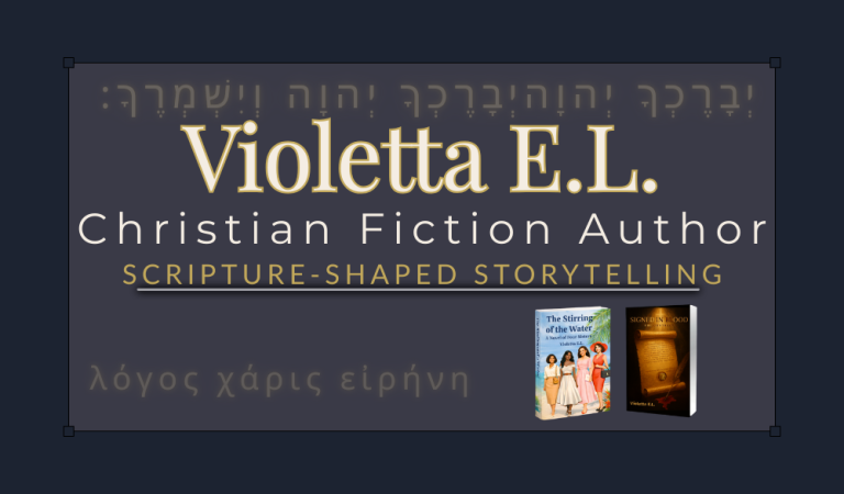 Text displaying Violetta E.L. with "Christian Fiction Author" and book covers. Hebrew text top and Greek text bottom. Books at bottom right