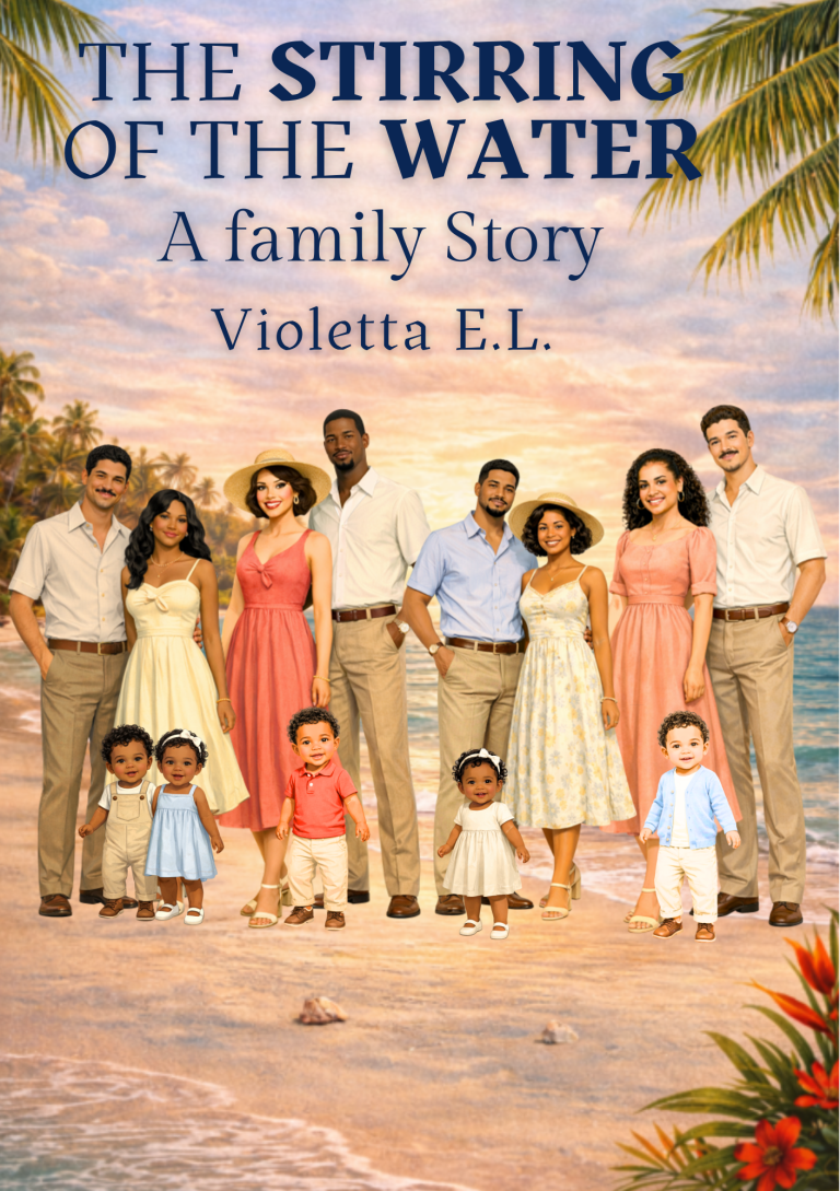 The-Stirring-of-the-water-a-novel-of-four-sisters-violetta-el-book-cover The Stirring of the Water A Novel of Four Sisters Violetta E.L. Four women standing on a beach, with a tropical background.
